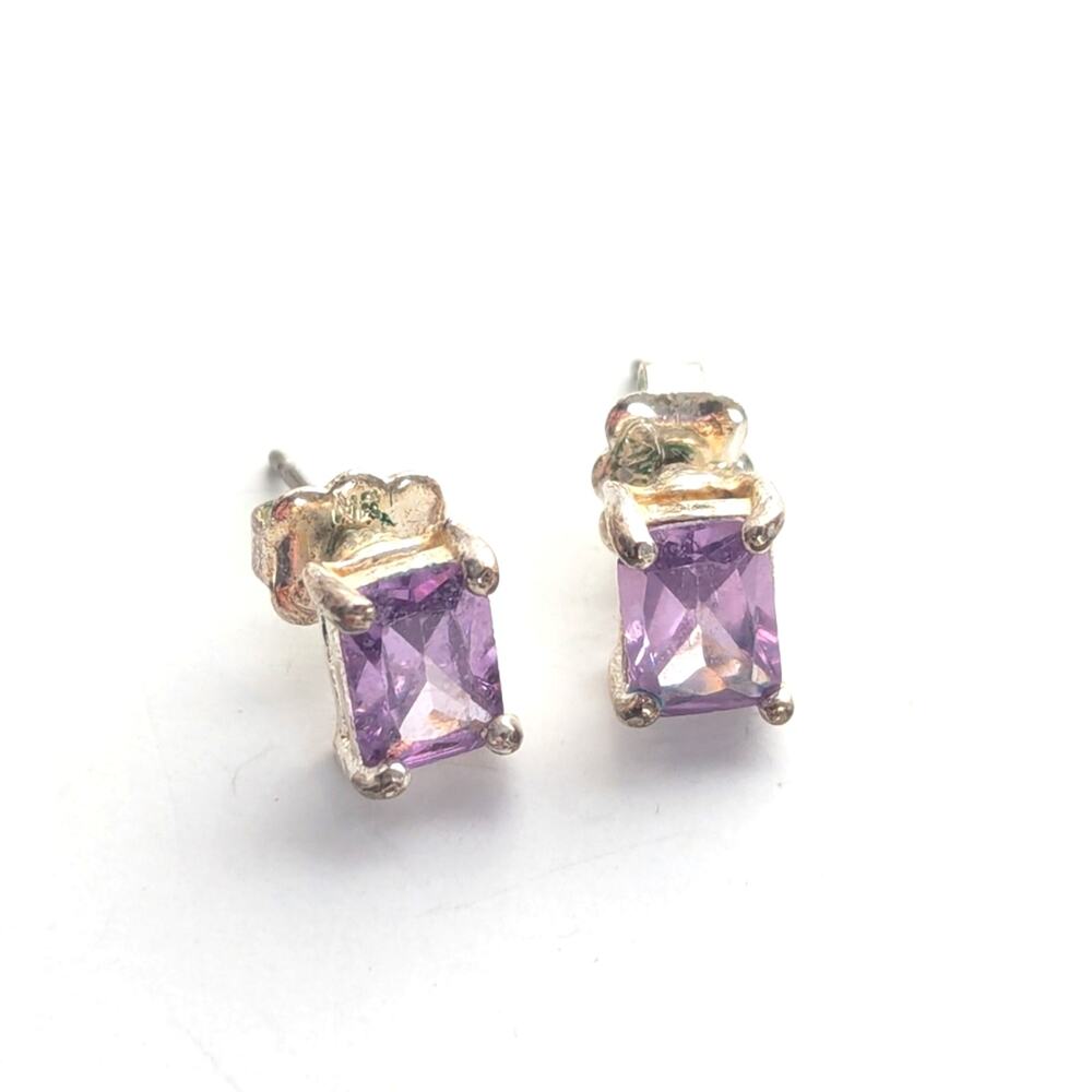 Vintage Avon Silver Tone Amethyst Glass Princess Cut Post Stud Earrings